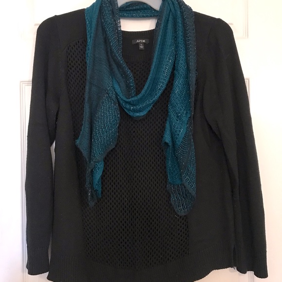 Apt 9 Black Open Knit Front Crewneck Sweater with Turquoise and Silver Scarf - Picture 1 of 6